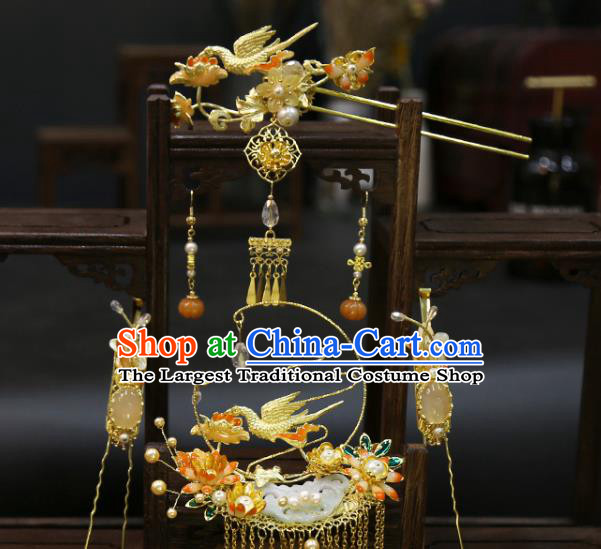 Chinese Wedding Golden Tassel Jade Hair Crown Classical Hair Accessories Traditional Xiuhe Suit Hairpins Full Set