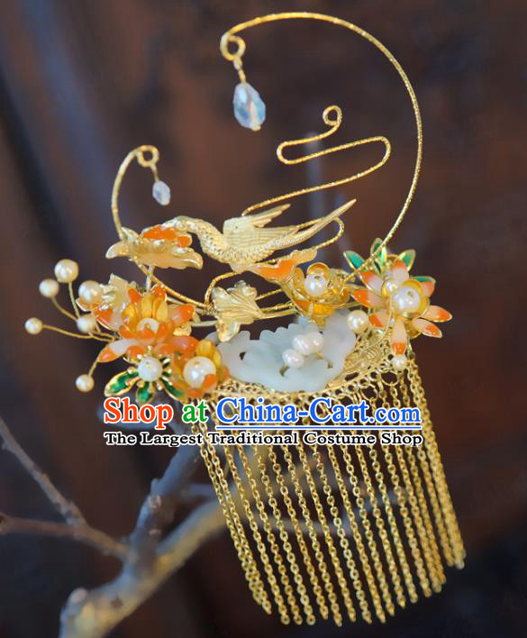 Chinese Wedding Golden Tassel Jade Hair Crown Classical Hair Accessories Traditional Xiuhe Suit Hairpins Full Set