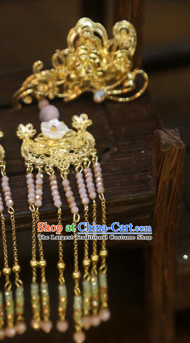 Chinese Traditional Golden Hair Sticks Classical Wedding Hair Accessories Xiuhe Suit Beads Tassel Hairpins
