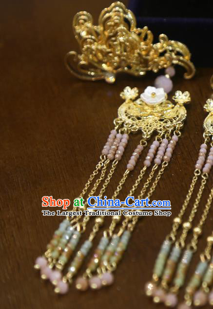 Chinese Traditional Golden Hair Sticks Classical Wedding Hair Accessories Xiuhe Suit Beads Tassel Hairpins