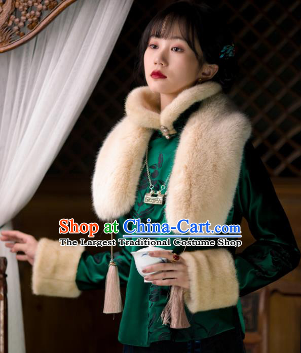 China Tang Suit Green Silk Jacket Traditional Upper Outer Garment Winter Clothing for Women