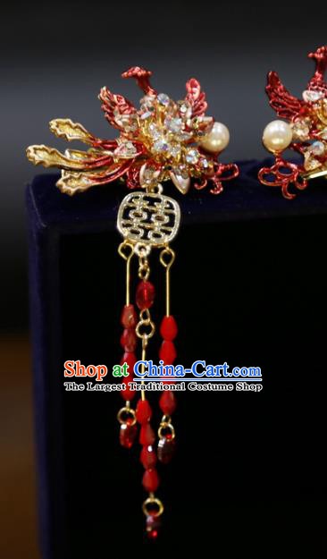 Chinese Wedding Xiuhe Suit Red Beads Tassel Hairpins Traditional Classical Hair Accessories Phoenix Hair Sticks