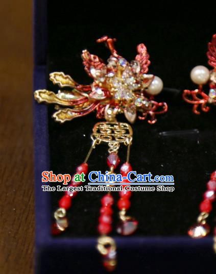 Chinese Wedding Xiuhe Suit Red Beads Tassel Hairpins Traditional Classical Hair Accessories Phoenix Hair Sticks