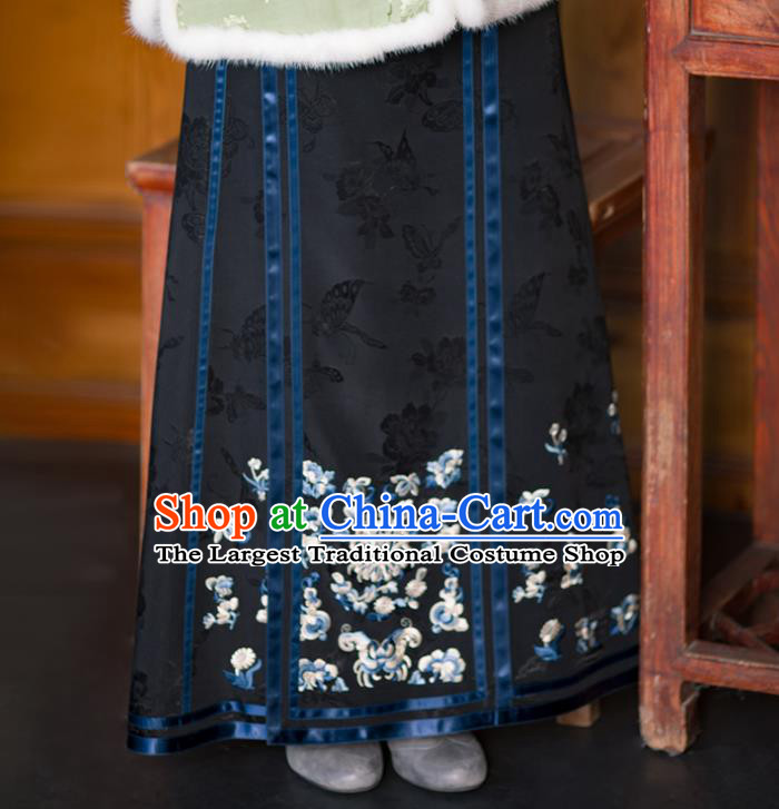Chinese Qing Dynasty Black Satin Skirt Traditional Costume Noble Woman Bust Skirt
