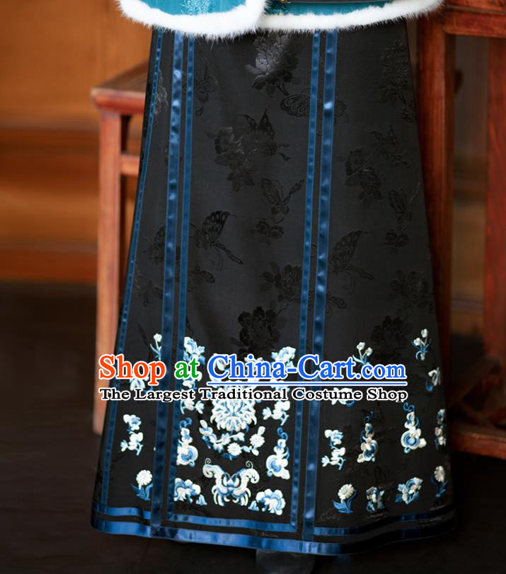 Chinese Qing Dynasty Black Satin Skirt Traditional Costume Noble Woman Bust Skirt
