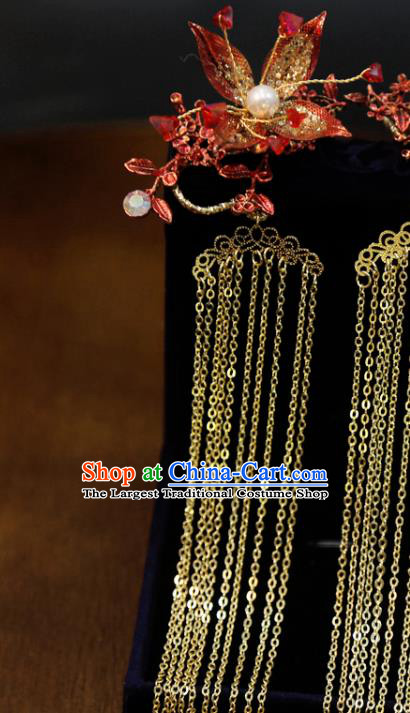 Chinese Wedding Golden Tassel Hairpins Traditional Classical Hair Accessories Xiuhe Suit Red Flower Hair Sticks
