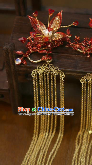 Chinese Wedding Golden Tassel Hairpins Traditional Classical Hair Accessories Xiuhe Suit Red Flower Hair Sticks