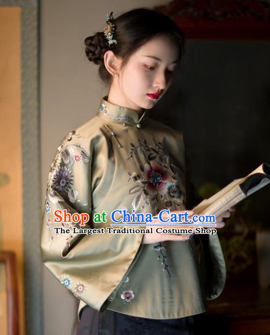 Chinese Traditional Upper Outer Garment Clothing Republic of China Coat Tang Suit Embroidered Green Silk Jacket for Women