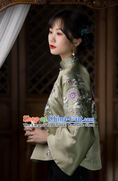 Chinese Traditional Upper Outer Garment Clothing Republic of China Coat Tang Suit Embroidered Green Silk Jacket for Women