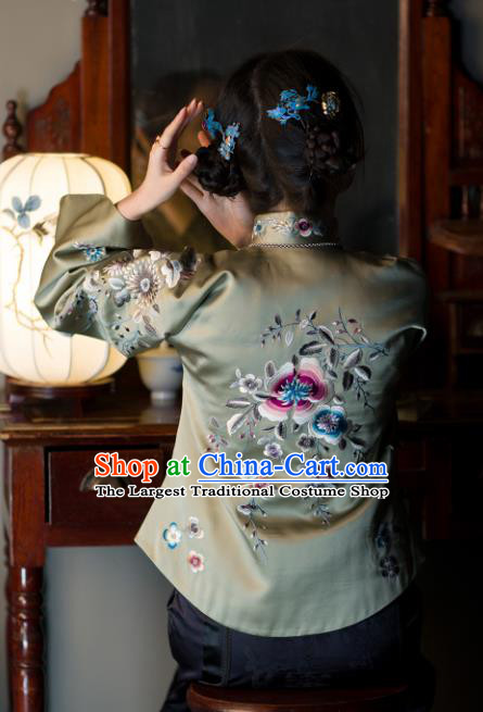 Chinese Traditional Upper Outer Garment Clothing Republic of China Coat Tang Suit Embroidered Green Silk Jacket for Women