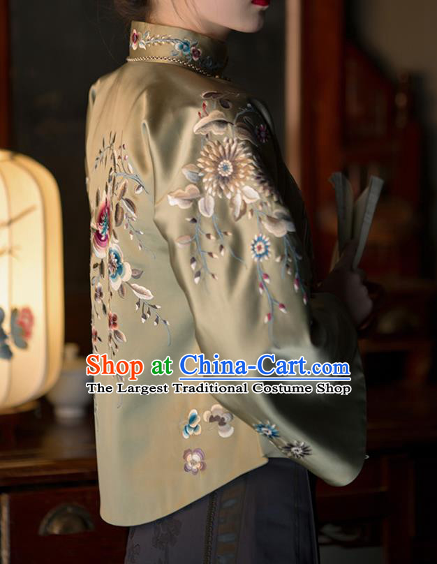 Chinese Traditional Upper Outer Garment Clothing Republic of China Coat Tang Suit Embroidered Green Silk Jacket for Women