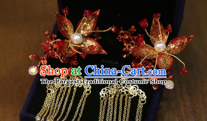 Chinese Wedding Golden Tassel Hairpins Traditional Classical Hair Accessories Xiuhe Suit Red Flower Hair Sticks