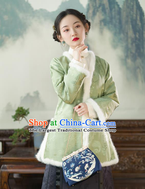 Chinese Tang Suit Cotton Padded Jacket Republic of China Clothing Traditional Upper Outer Garment Green Silk Coat for Women