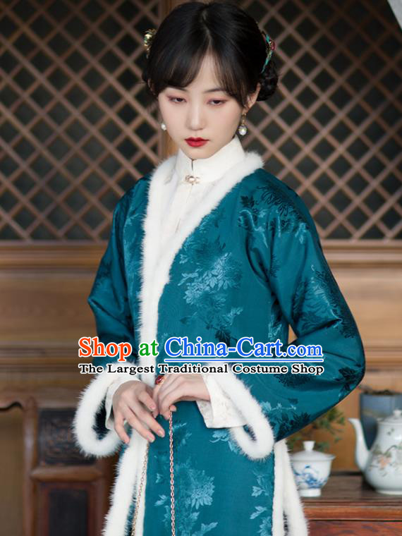 Republic of China Clothing Traditional Upper Outer Garment Blue Silk Coat Chinese Tang Suit Cotton Padded Jacket for Women