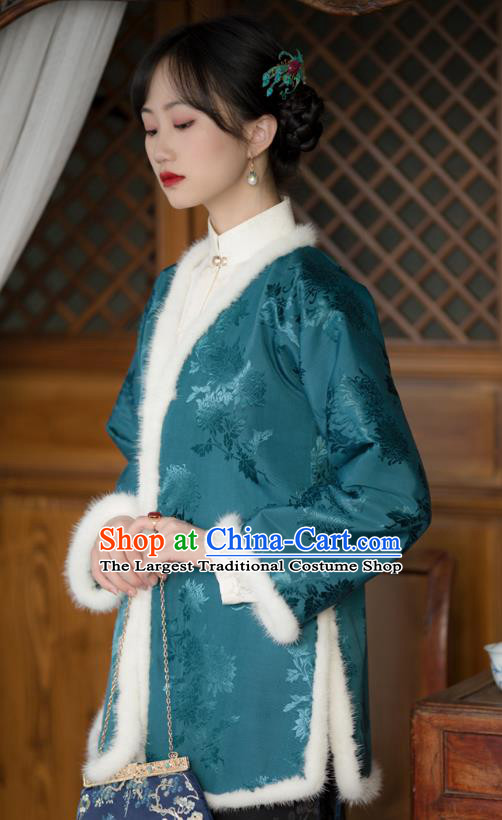 Republic of China Clothing Traditional Upper Outer Garment Blue Silk Coat Chinese Tang Suit Cotton Padded Jacket for Women