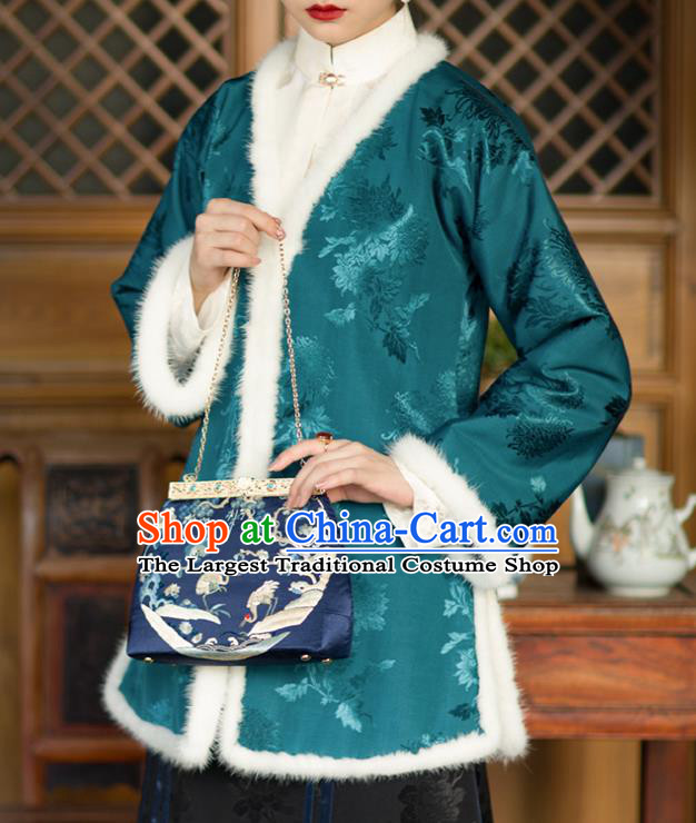 Republic of China Clothing Traditional Upper Outer Garment Blue Silk Coat Chinese Tang Suit Cotton Padded Jacket for Women