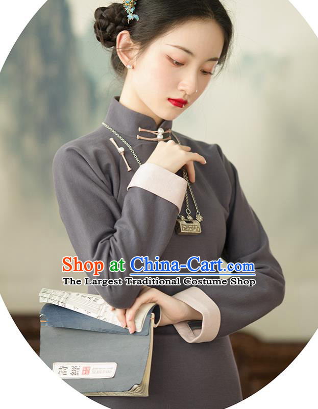 Chinese Classical Qipao Dress Traditional Women Costume Grey Cheongsam