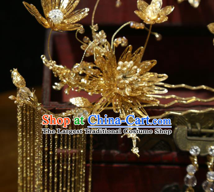 Chinese Wedding Golden Glowers Hairpins Traditional Classical Hair Accessories Xiuhe Suit Hair Comb Full Set