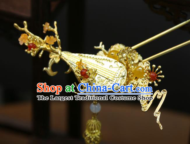 Chinese Wedding Golden Lute Hairpins Traditional Classical Hair Accessories Xiuhe Suit Tassel Hair Stick