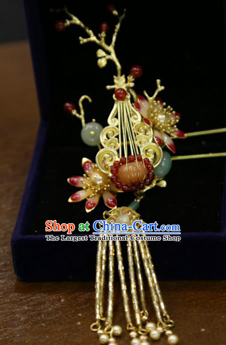 Chinese Wedding Jade Pumpkin Hairpins Traditional Classical Hair Accessories Xiuhe Suit Golden Lute Hair Stick