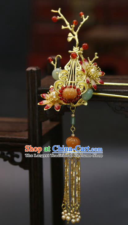 Chinese Wedding Jade Pumpkin Hairpins Traditional Classical Hair Accessories Xiuhe Suit Golden Lute Hair Stick