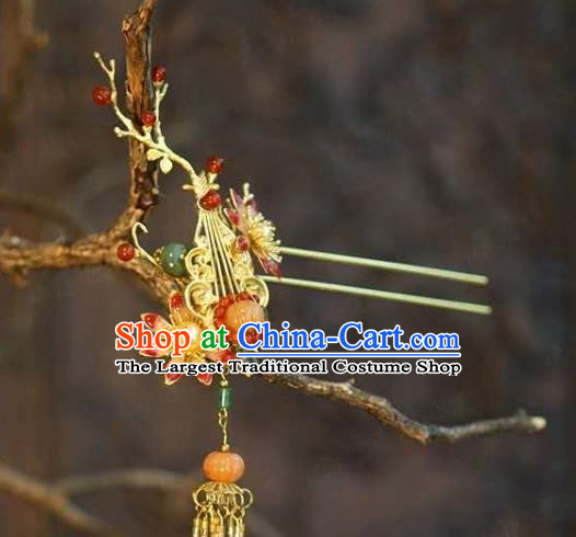 Chinese Wedding Jade Pumpkin Hairpins Traditional Classical Hair Accessories Xiuhe Suit Golden Lute Hair Stick