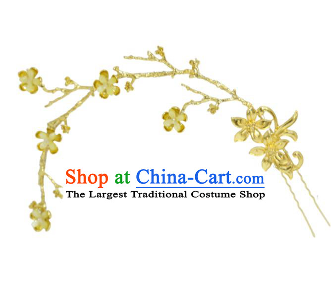 Chinese Wedding Golden Plum Hairpin Traditional Classical Hair Accessories Xiuhe Suit Hair Clasp