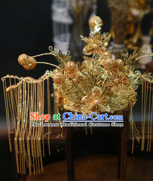 Chinese Classical Golden Tassel Hair Crown Traditional Hair Accessories Wedding Xiuhe Suit Phoenix Coronet