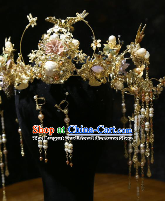 Chinese Xiuhe Suit Pearl Hair Crown Headpieces Traditional Wedding Hair Accessories Classical Golden Phoenix Coronet Full Set