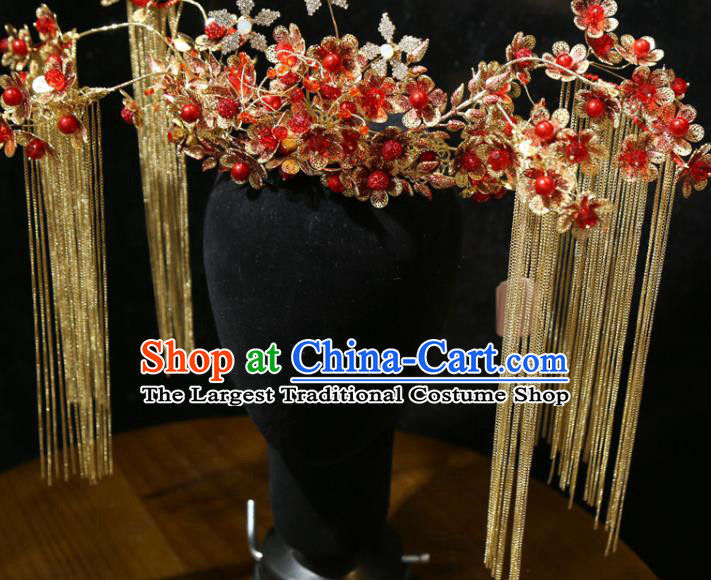 Chinese Xiuhe Suit Hair Crown Traditional Wedding Hair Accessories Classical Red Beads Phoenix Coronet Headpieces