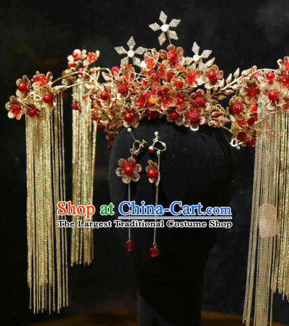 Chinese Xiuhe Suit Hair Crown Traditional Wedding Hair Accessories Classical Red Beads Phoenix Coronet Headpieces