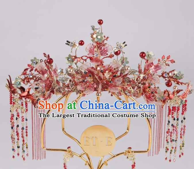 Chinese Traditional Wedding Hair Accessories Hair Crown and Hairpins Xiuhe Suit Red Tassel Phoenix Coronet Full Set