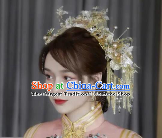 Chinese Golden Hair Crown Xiuhe Suit Phoenix Coronet Traditional Wedding Hair Accessories Full Set