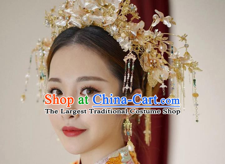 Chinese Golden Hair Crown Xiuhe Suit Phoenix Coronet Traditional Wedding Hair Accessories Full Set