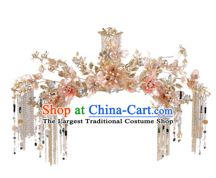 Chinese Pink Flowers Hair Crown Traditional Wedding Hair Accessories Xiuhe Suit Phoenix Coronet Full Set