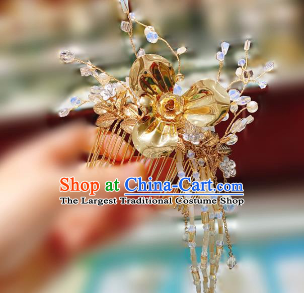 Chinese Traditional Xiuhe Suit Golden Hair Stick Classical Hair Accessories Wedding Beads Hair Comb