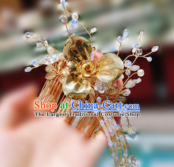 Chinese Traditional Xiuhe Suit Golden Hair Stick Classical Hair Accessories Wedding Beads Hair Comb