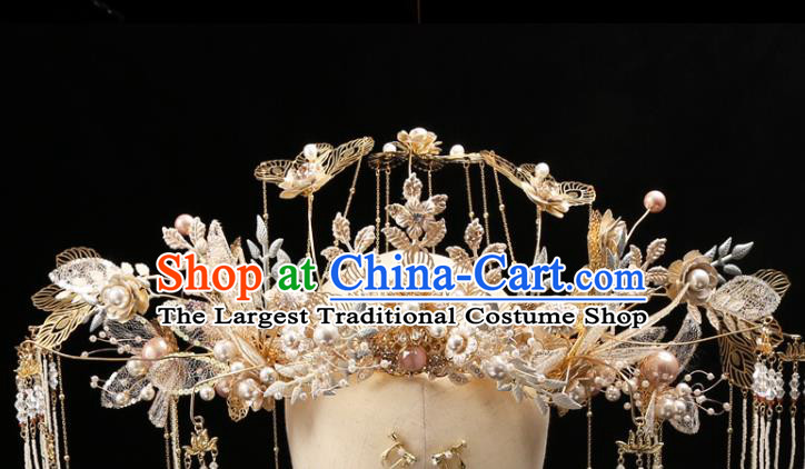 Chinese Traditional Phoenix Coronet Wedding Hair Accessories Xiuhe Suit Lace Flowers Hair Crown Full Set