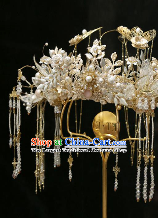 Chinese Traditional Phoenix Coronet Wedding Hair Accessories Xiuhe Suit Lace Flowers Hair Crown Full Set