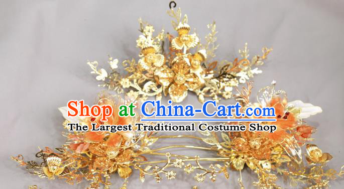 Chinese Traditional Wedding Hair Accessories Xiuhe Suit Golden Flowers Hair Comb Hairpins Full Set