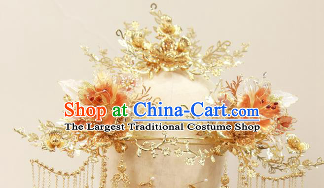 Chinese Traditional Wedding Hair Accessories Xiuhe Suit Golden Flowers Hair Comb Hairpins Full Set