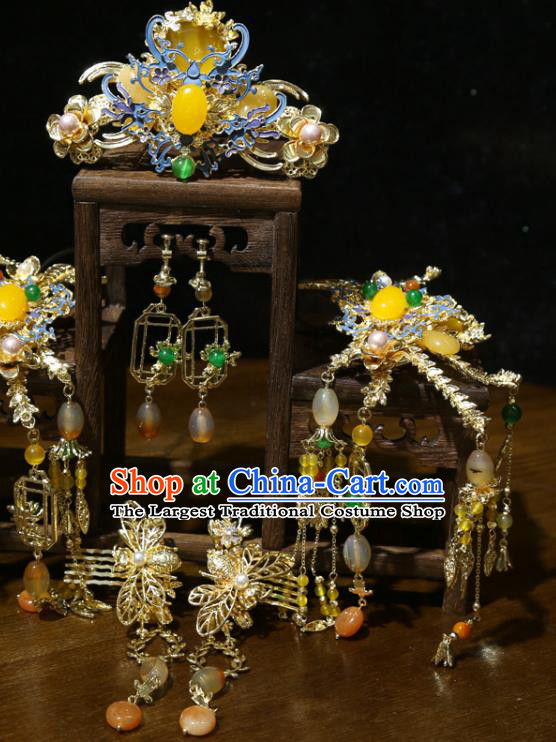 Chinese Traditional Classical Hair Accessories Wedding Xiuhe Suit Blueing Hair Comb and Tassel Hairpins Full Set