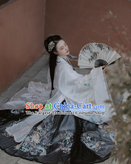 Traditional China Tang Dynasty Court Lady Clothing Ancient Embroidered Hanfu Dress White Cloak Blouse and Skirt Full Set