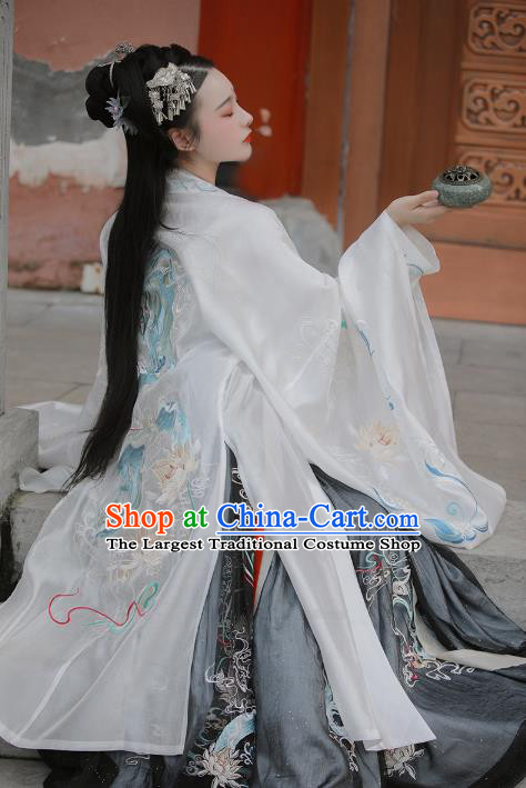 Traditional China Tang Dynasty Court Lady Clothing Ancient Embroidered Hanfu Dress White Cloak Blouse and Skirt Full Set