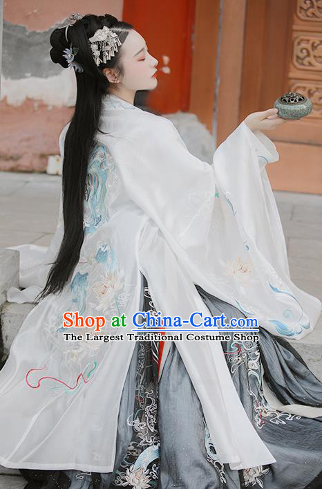 Traditional China Tang Dynasty Court Lady Clothing Ancient Embroidered Hanfu Dress White Cloak Blouse and Skirt Full Set