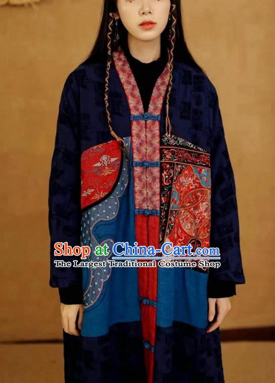 China National Women Dust Coat Traditional Embroidered Costume Tang Suit Navy Flax Overcoat