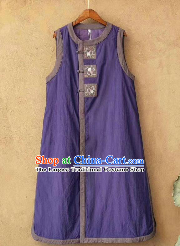 China National Violet Flax Long Waistcoat Women Traditional Tang Suit Upper Outer Garment Clothing Embroidered Vest