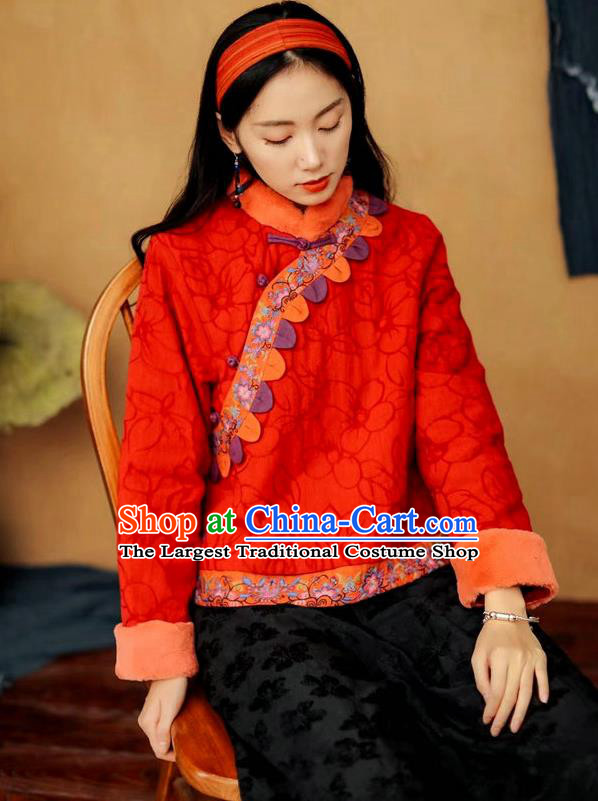 China Tang Suit Red Flax Cotton Padded Jacket National Women Overcoat Traditional Winter Top Costume