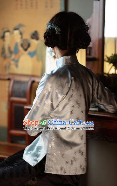 Traditional Chinese Tang Suit Upper Outer Garment Republic of China Light Blue Silk Jacket for Women