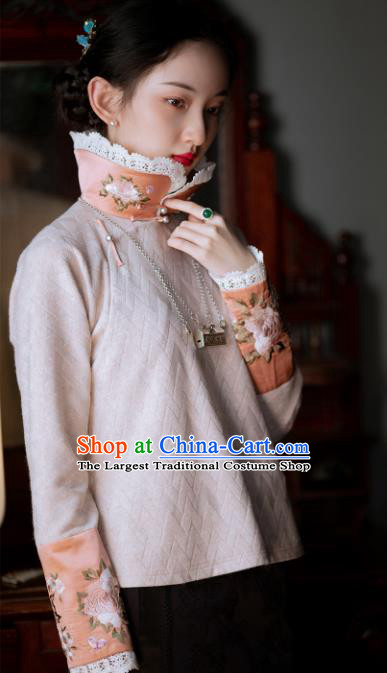 Traditional Chinese Tang Suit Blouse Upper Outer Garment Republic of China Embroidered Pink Shirt for Women